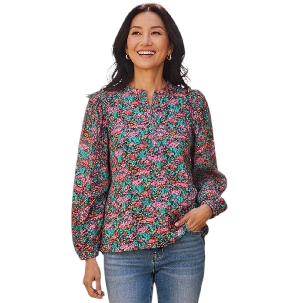 J. Crew Pink and Green Floral Peasant Blouse